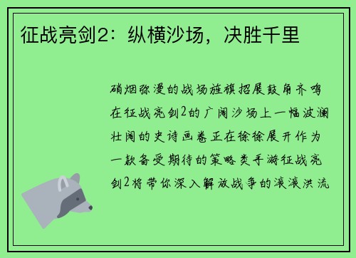 征战亮剑2:纵横沙场,决胜千里